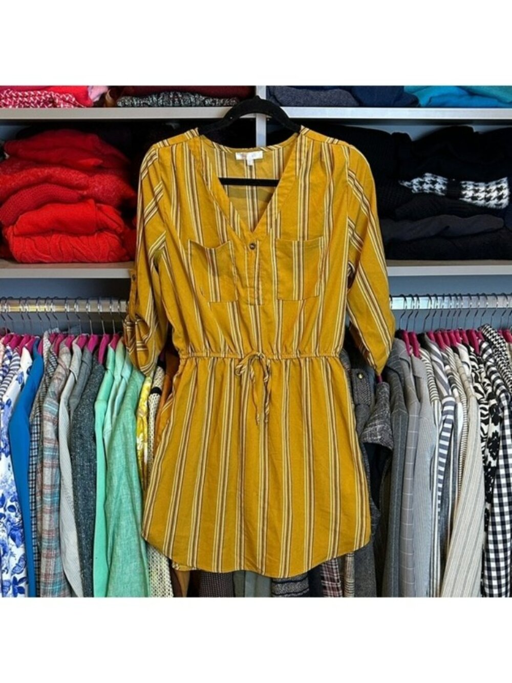 Stella Tweed mustard/black/white striped 3/4 roll tab sleeve dress size M